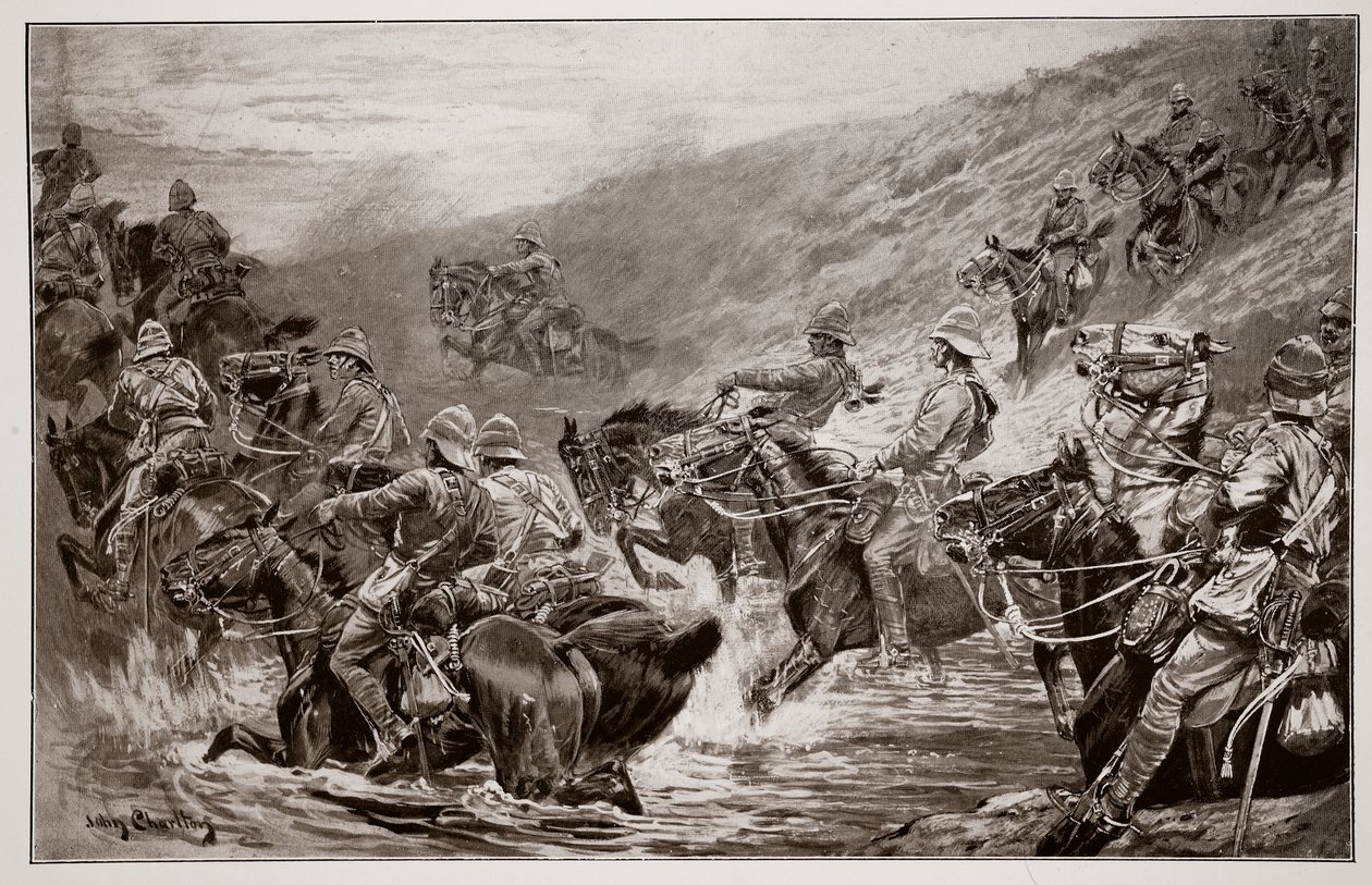 The Dash for Kimberley - The 10th Hussars Crossing Klip Drift, efter en skitse af G.D. Giles (fl.1890) af John Charlton