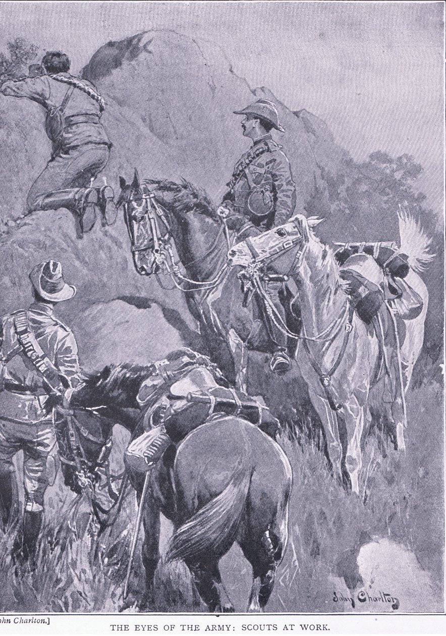 Hærens øjne, spejdere på arbejde, fra After Pretoria: The Guerilla War udgivet af Harmsworth Bros Limited, 1901 af John Charlton
