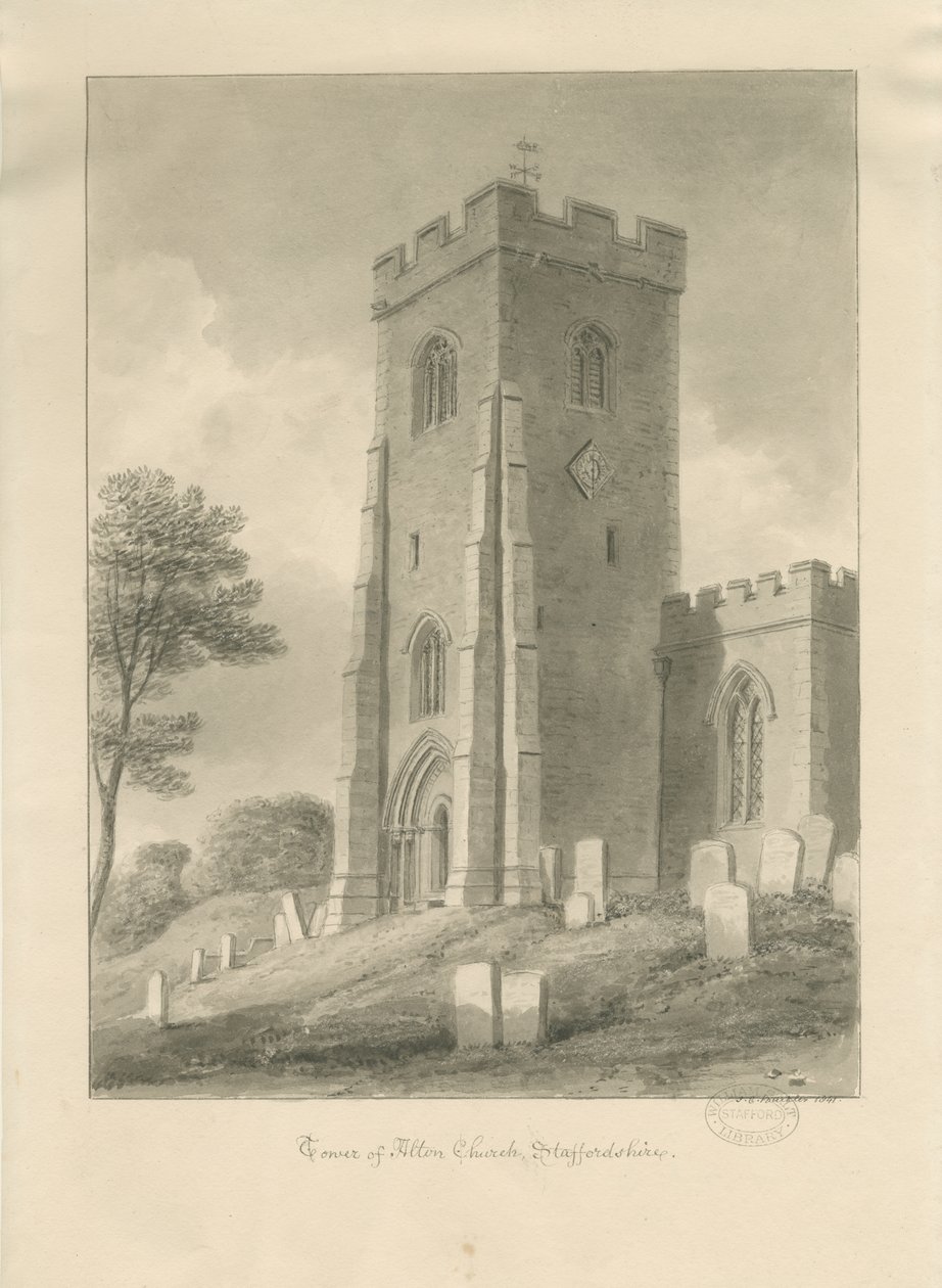 Alton Church - Tower: sepia tegning, 1841 af John Chessell Buckler