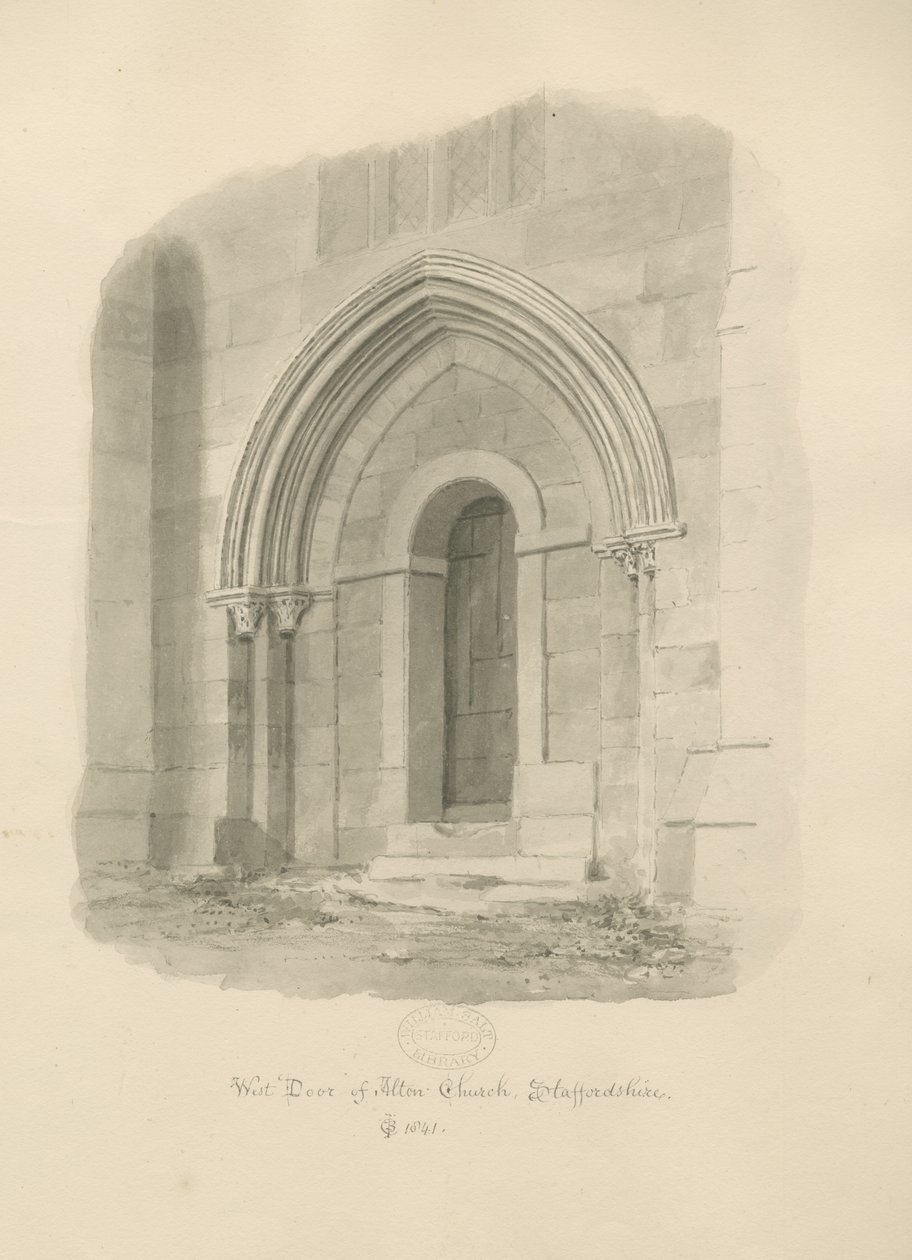 Alton Church - West Door: sepia tegning af John Chessell Buckler