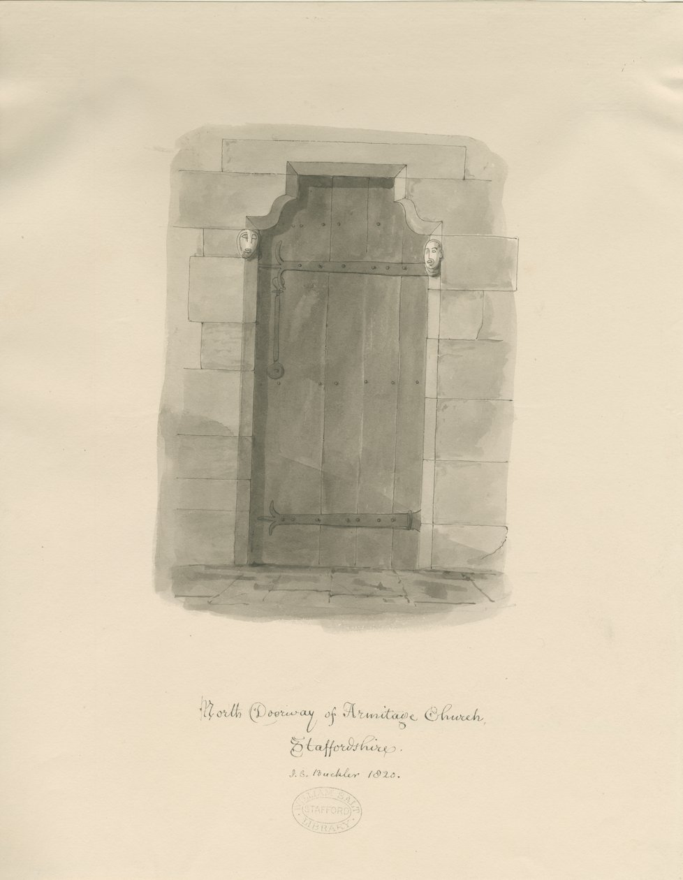 Armitage Church - North Doorway: sepia tegning af John Chessell Buckler