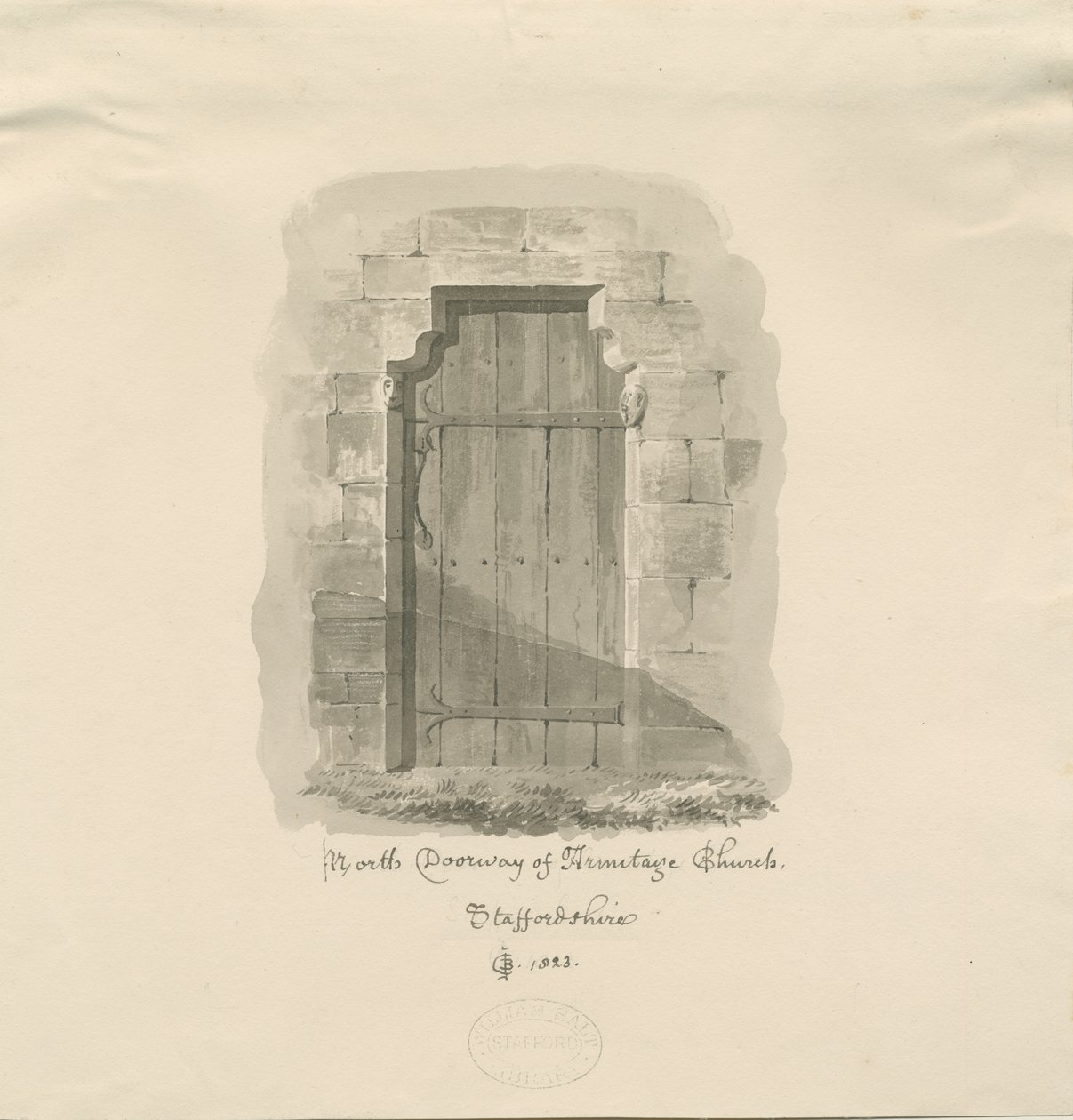 Armitage Church - North Doorway: sepia-tegning, 1823 af John Chessell Buckler