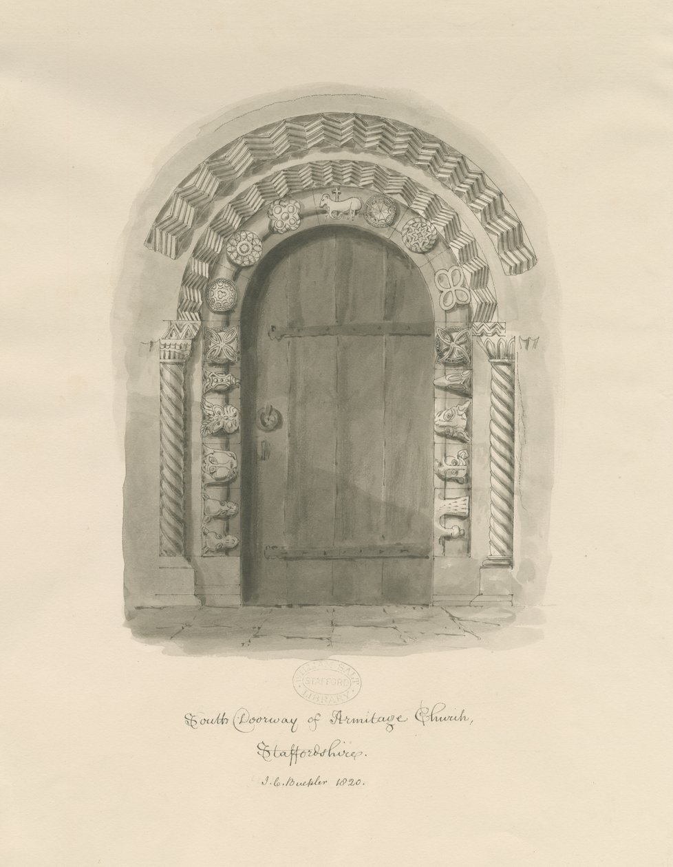 Armitage Church - South Doorway: Sepia tegning af John Chessell Buckler