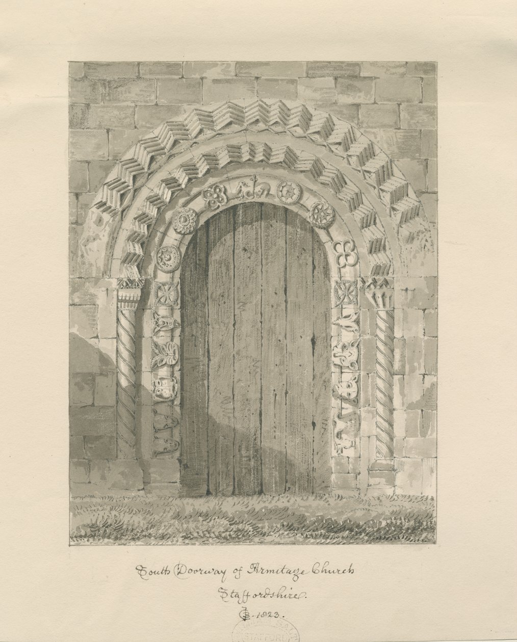 Armitage Church - South Doorway: sepia drawing, 1823dani af John Chessell Buckler