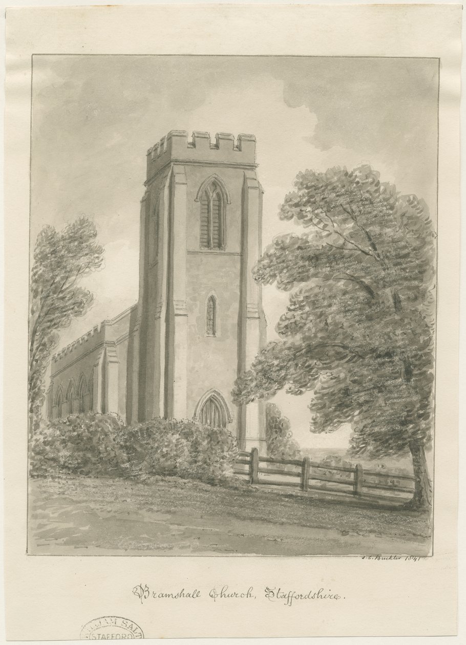 Bramshall Kirke: sepia tegning af John Chessell Buckler