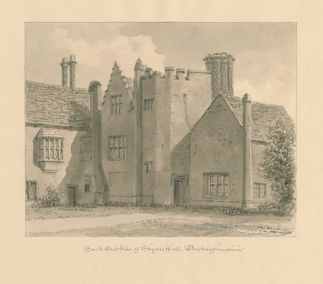 Buckinghamshire - Chenies Hall: sepia drawing, 1824dani af John Chessell Buckler