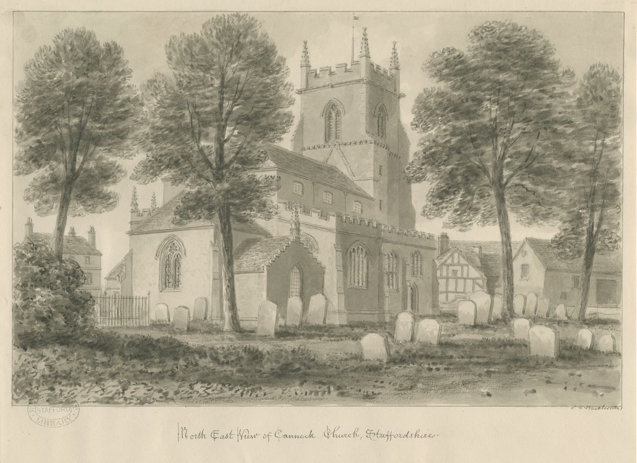 Cannock Kirke: sepia tegning af John Chessell Buckler
