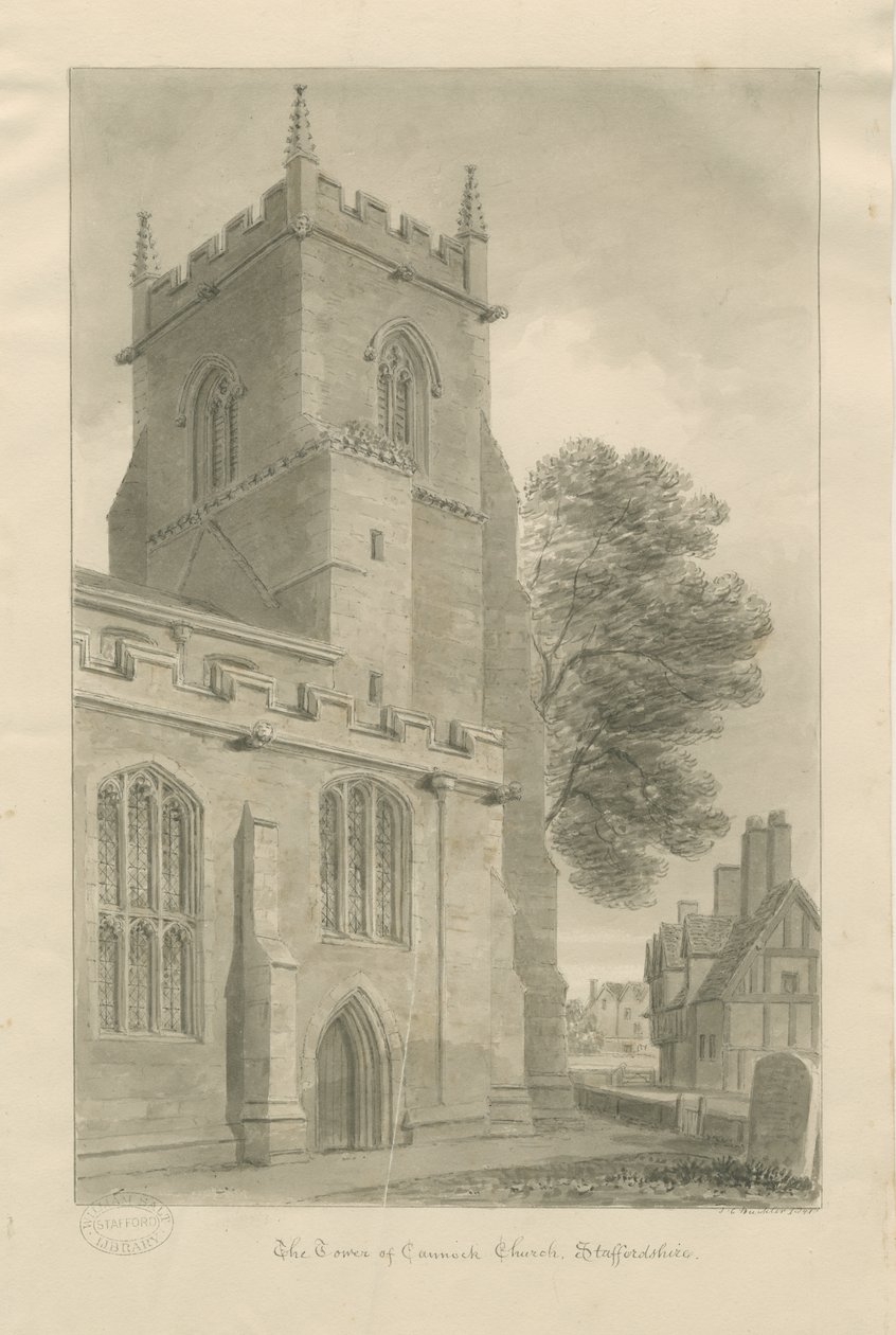 Cannock Kirke: sepia tegning af John Chessell Buckler