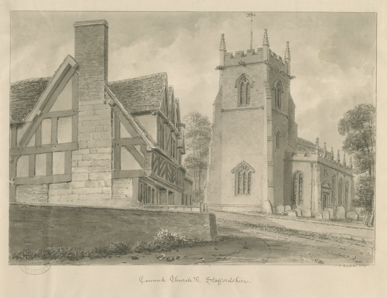Cannock Church: sepia tegning, 1841 af John Chessell Buckler