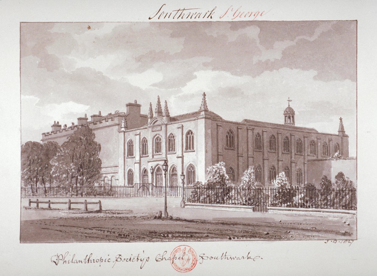 Kapel tilhørende Philanthropic Society Institution, London Road, Southwark, London, 1827 af John Chessell Buckler