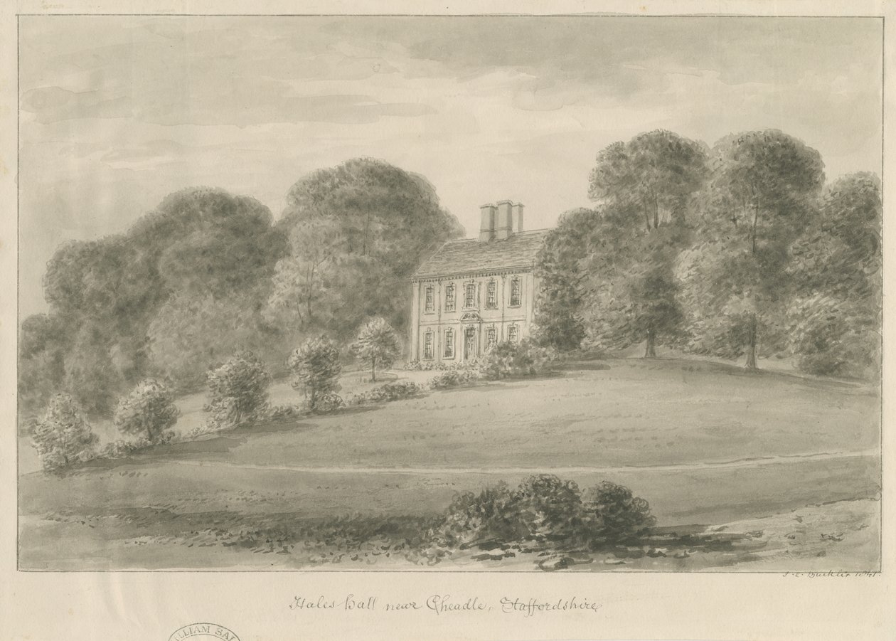 Cheadle - Hales Hall: sepia vask tegning, 1841 af John Chessell Buckler