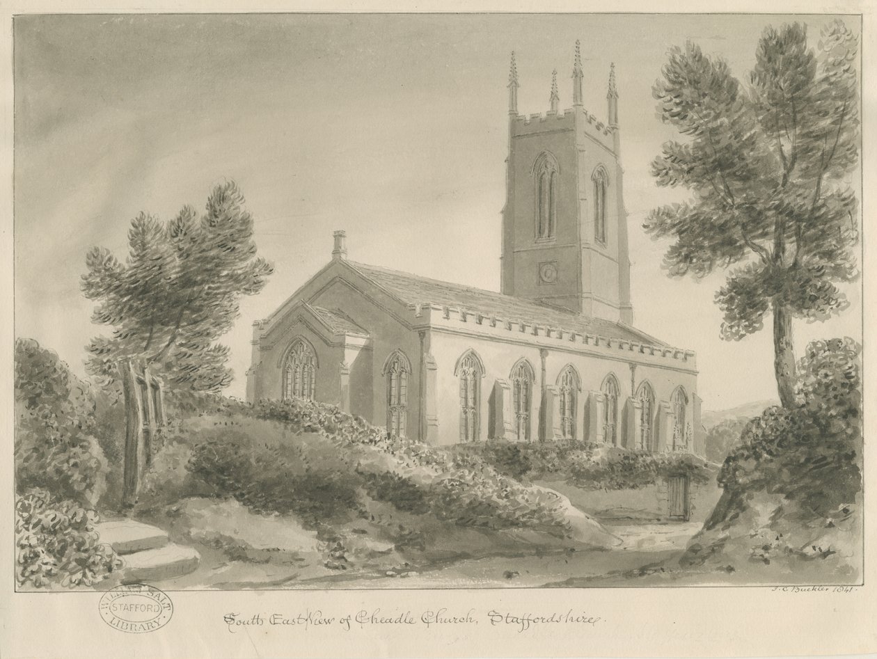 Cheadle Church: sepia tegning af John Chessell Buckler