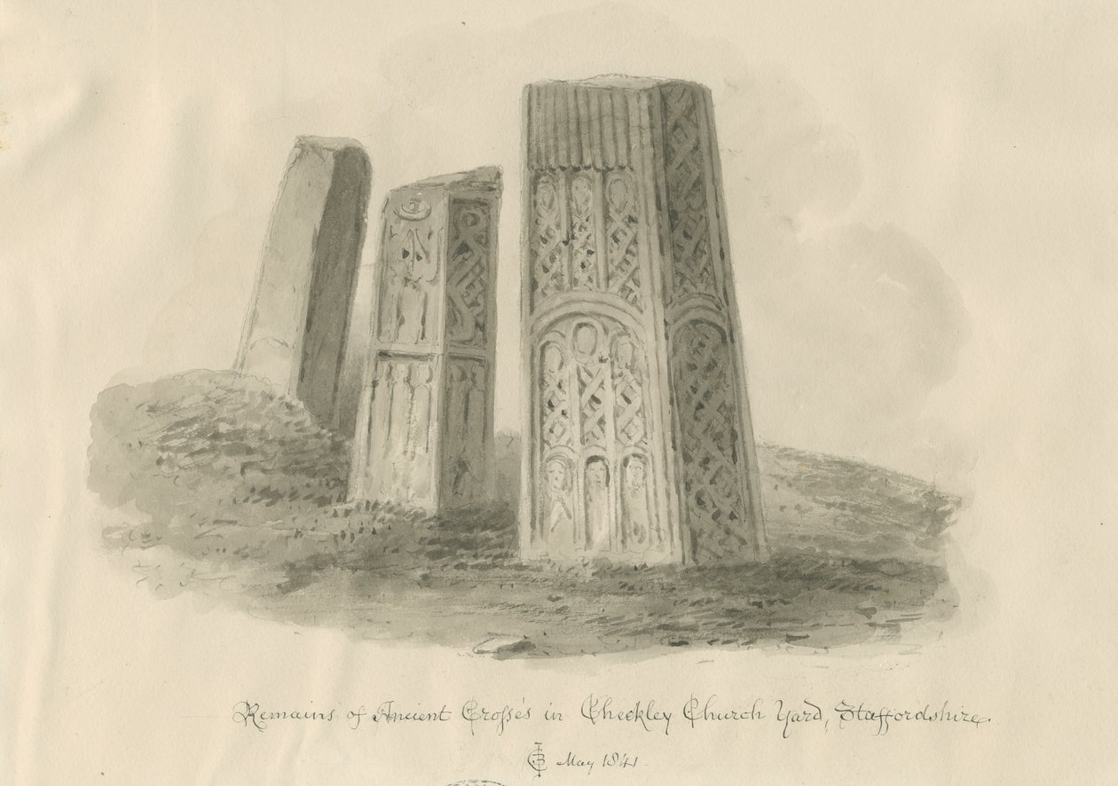 Checkley Church - Ancient Crosses: sepia tegning af John Chessell Buckler