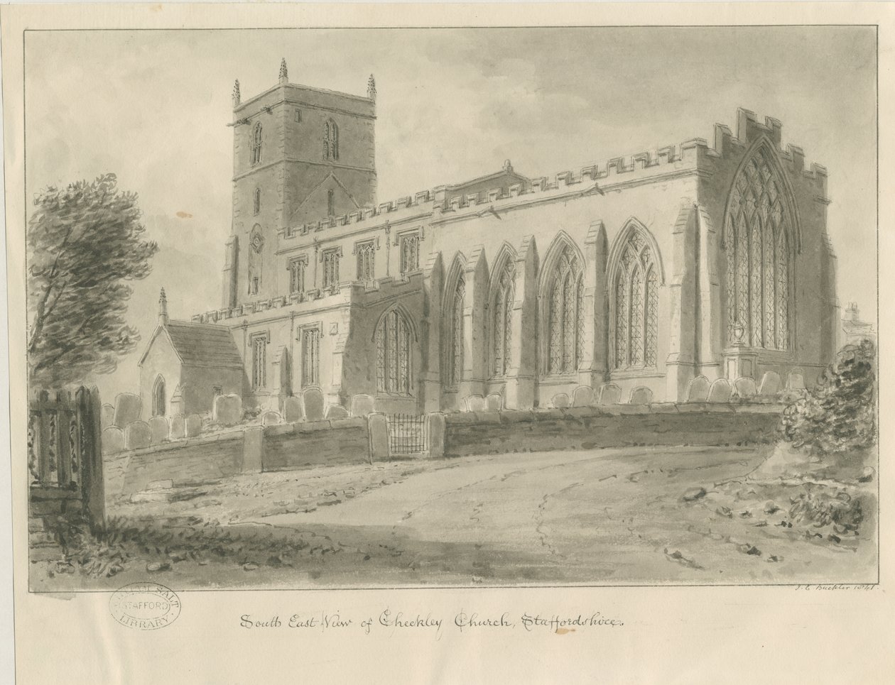 Checkley Church: sepia tegning af John Chessell Buckler