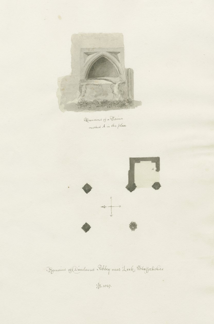 Dieulacres Abbey: sepia tegning af John Chessell Buckler