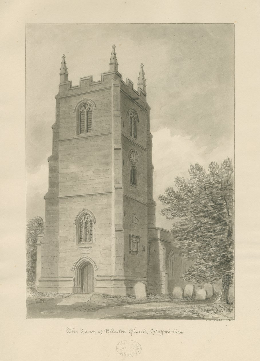 Ellastone Church: sepia tegning af John Chessell Buckler