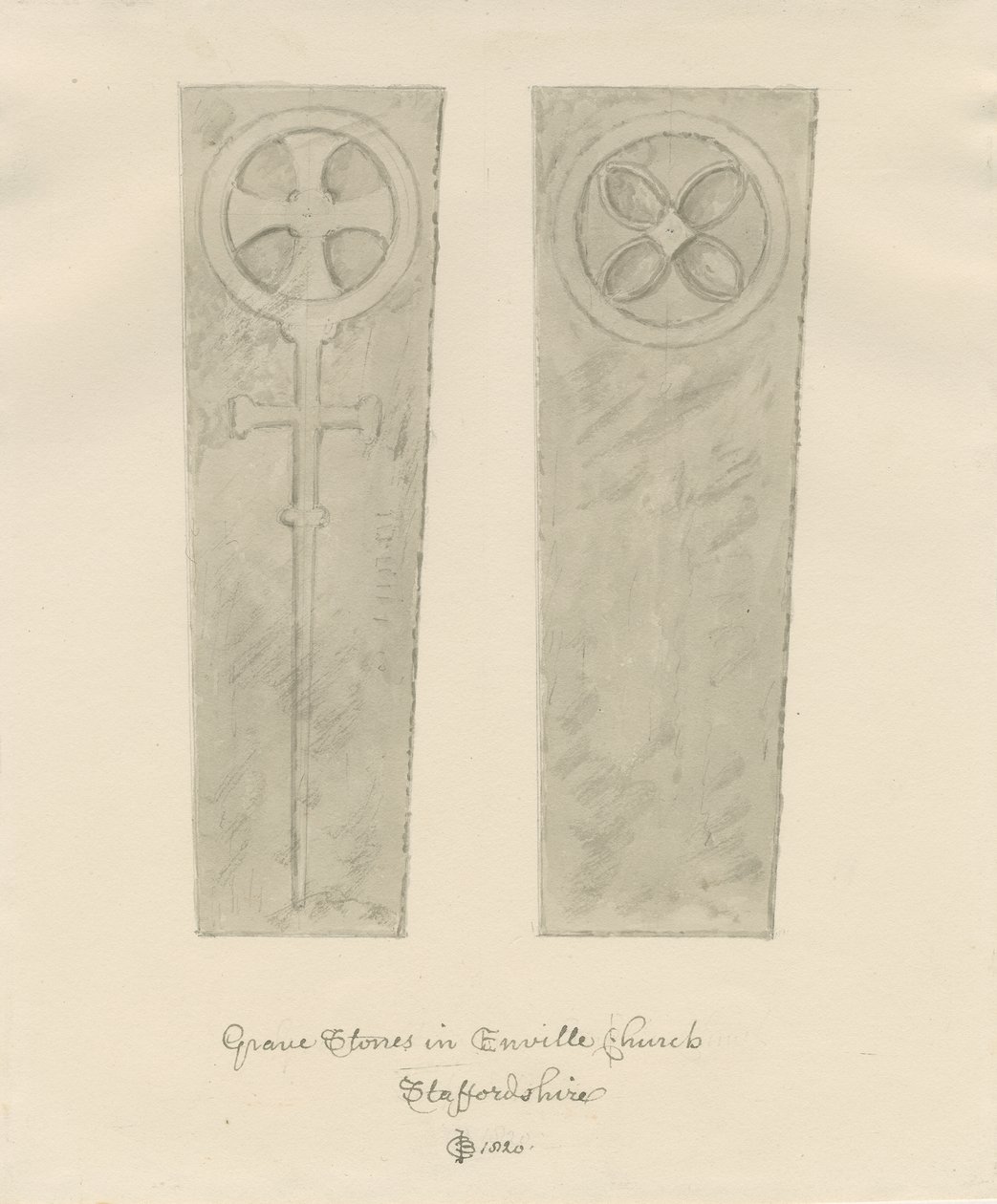 Enville Kirke - Gravsten: sepia tegning af John Chessell Buckler