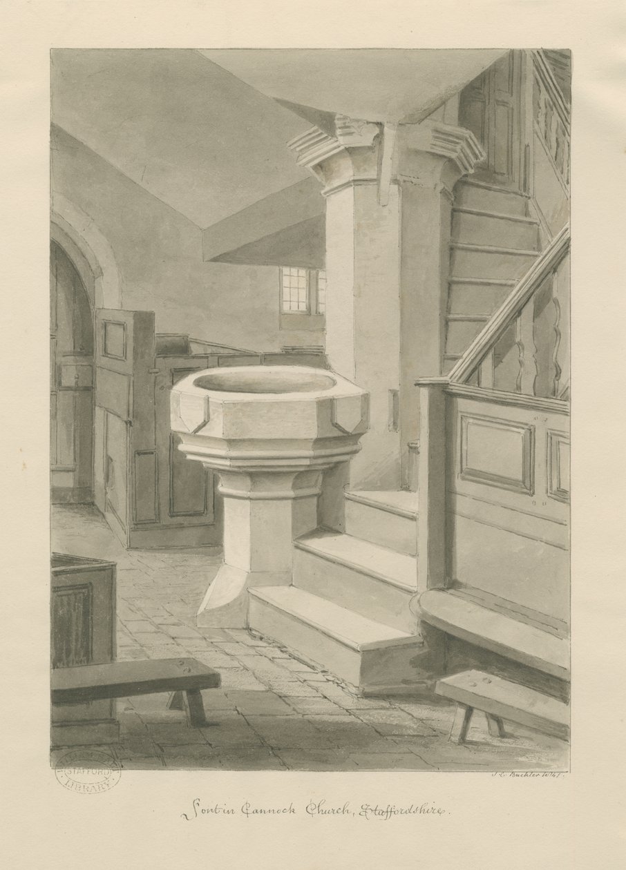 Skrifttype i Cannock Church: sepia-tegning, 1841 af John Chessell Buckler
