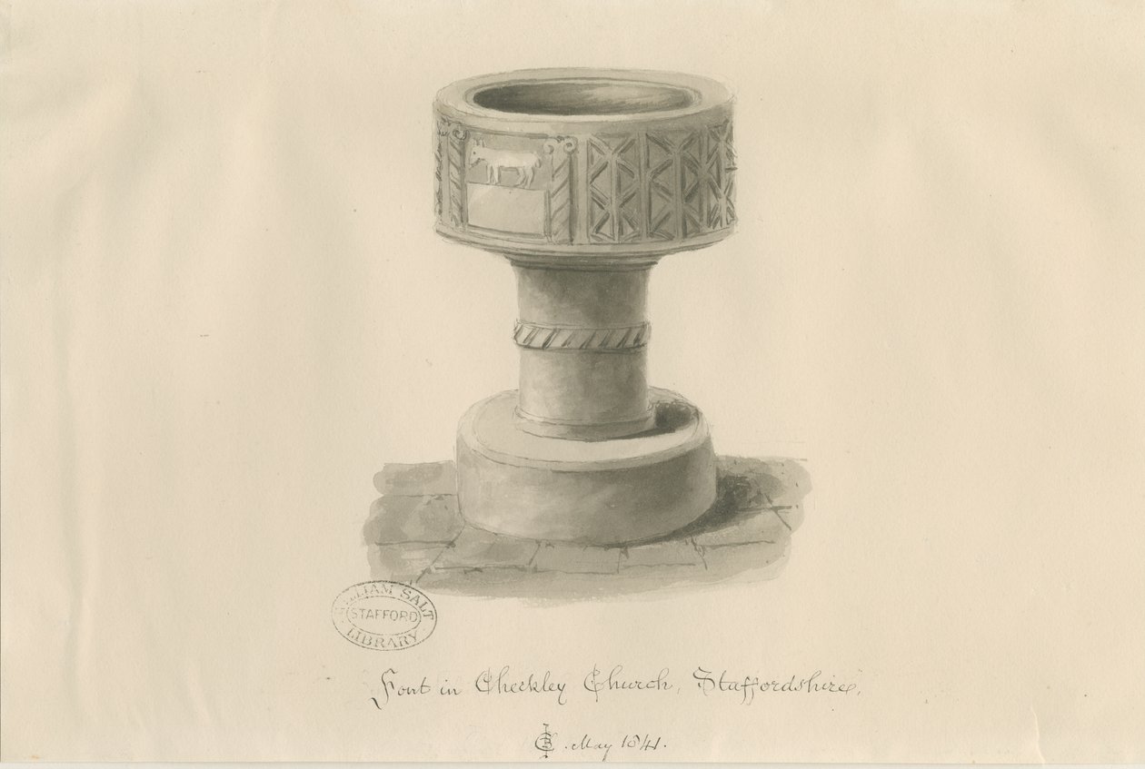 Skrifttype i Checkley Church: sepia-tegning, 1841 af John Chessell Buckler