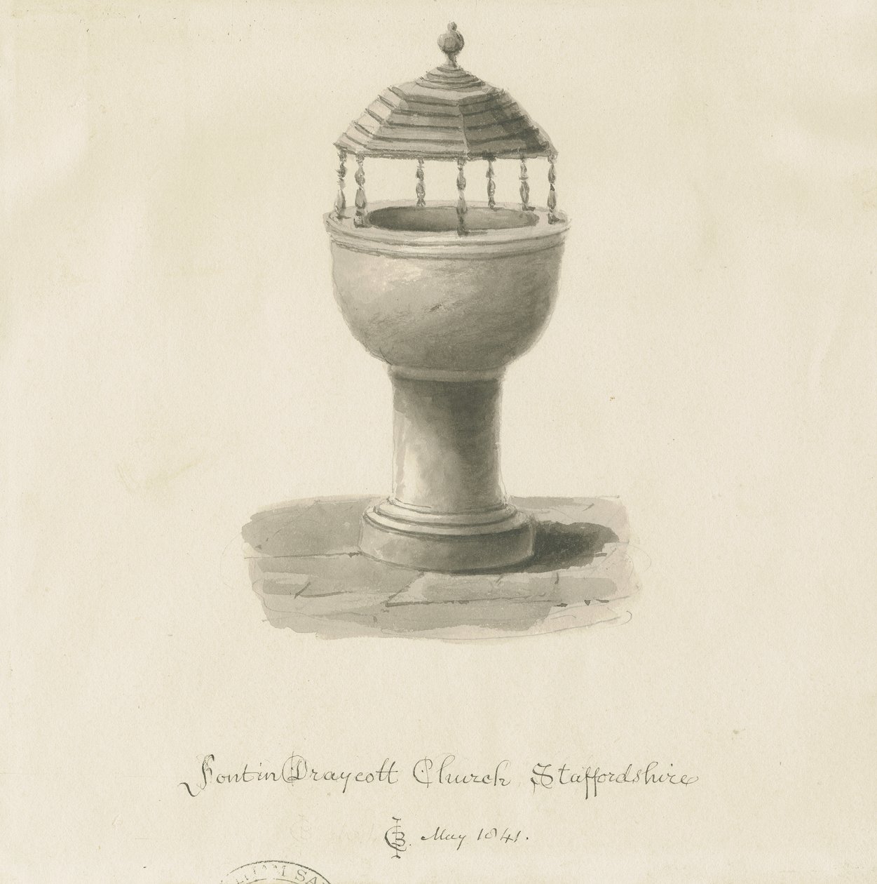 Skrifttype i Draycott i Moors Church: sepia-tegning af John Chessell Buckler