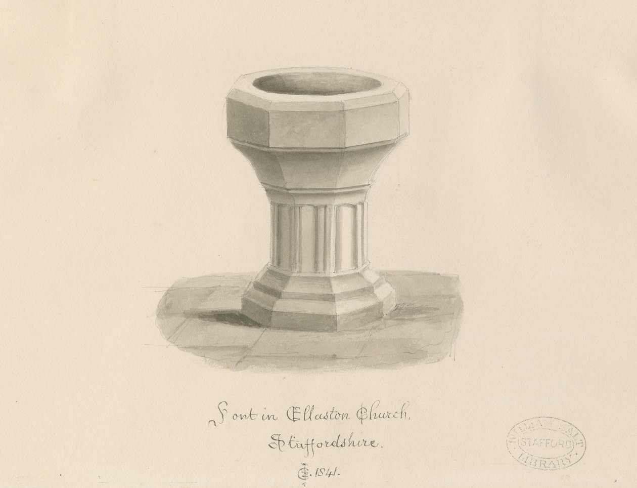 Skrifttype i Ellastone Church: sepia tegning af John Chessell Buckler