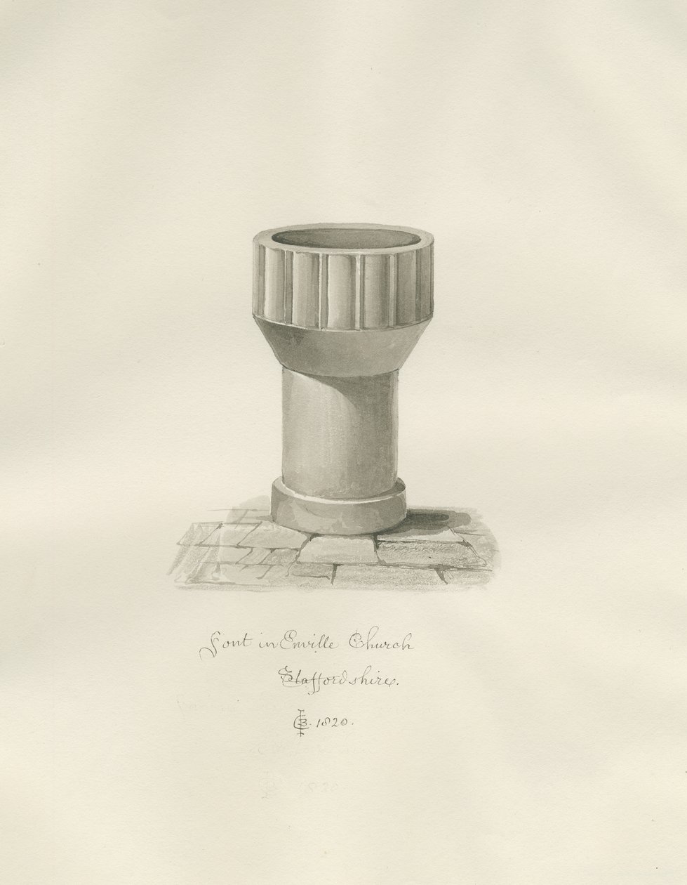 Skrifttype i Enville Kirke: sepia tegning af John Chessell Buckler