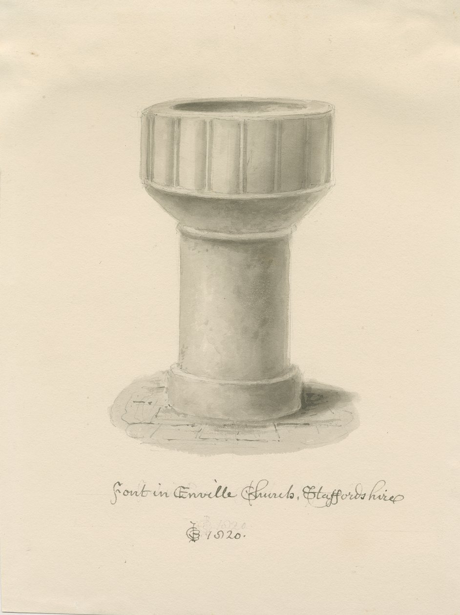 Font i Enville Church: sepia-tegning, 1820 af John Chessell Buckler