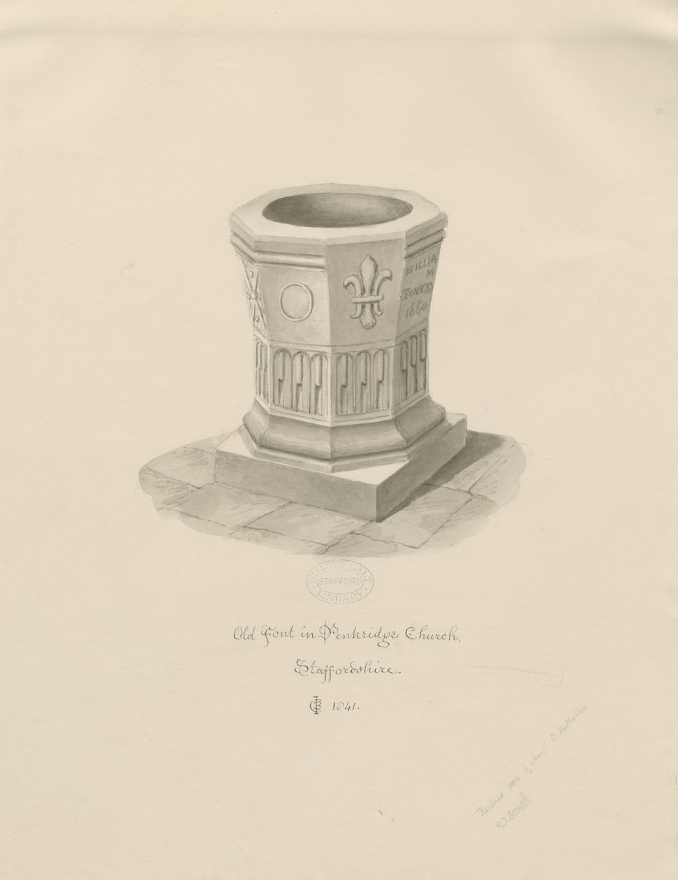 Skrifttype i Penkridge Church: sepia-tegning, 1841 af John Chessell Buckler
