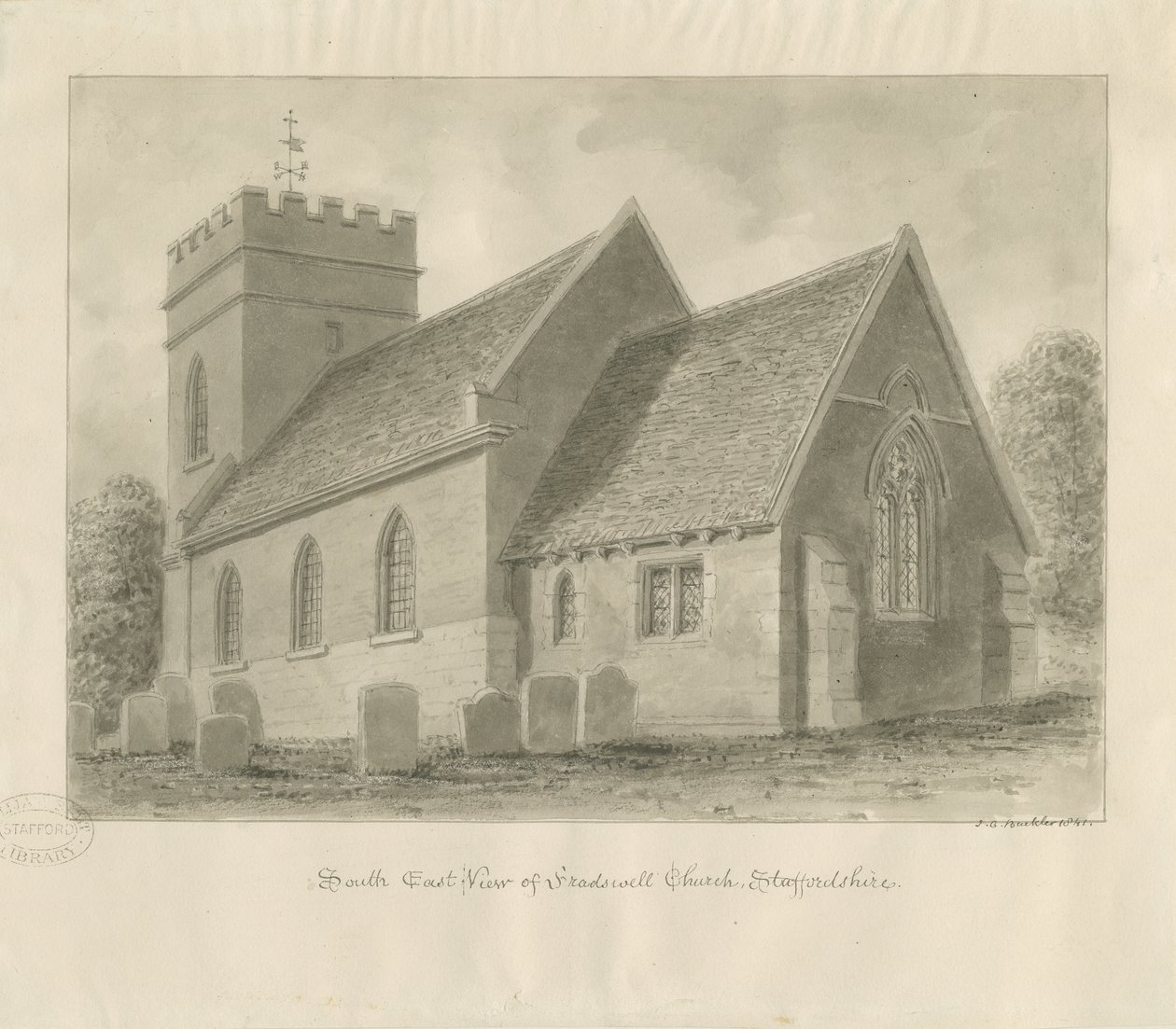 Fradswell Church: sepia tegning af John Chessell Buckler