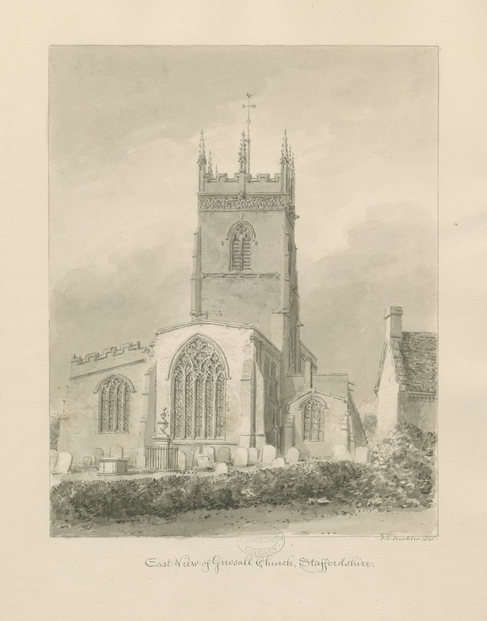 Gnosall Kirke: sepia tegning af John Chessell Buckler
