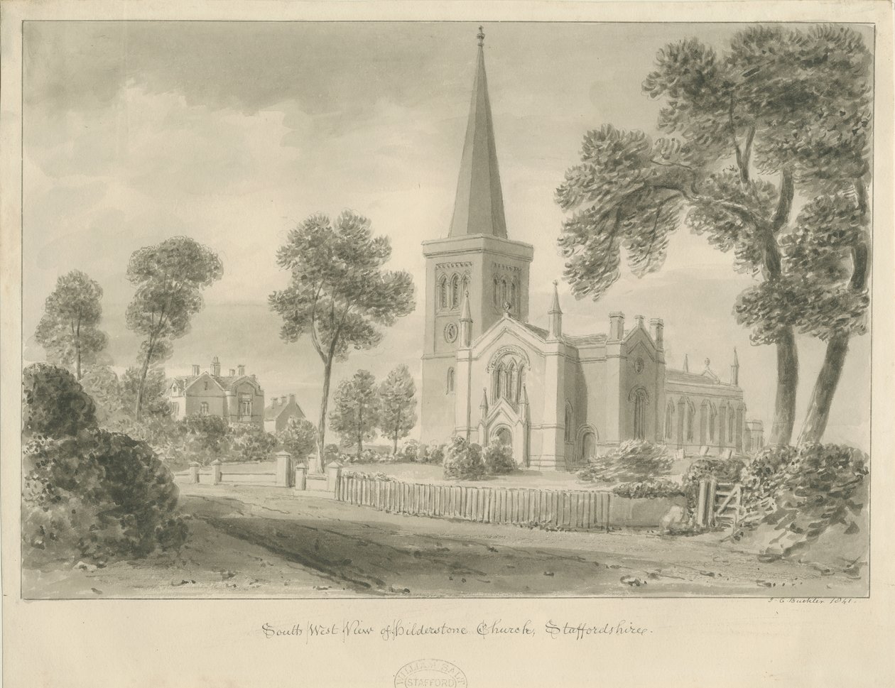 Hilderstone Church: sepia vask tegning af John Chessell Buckler