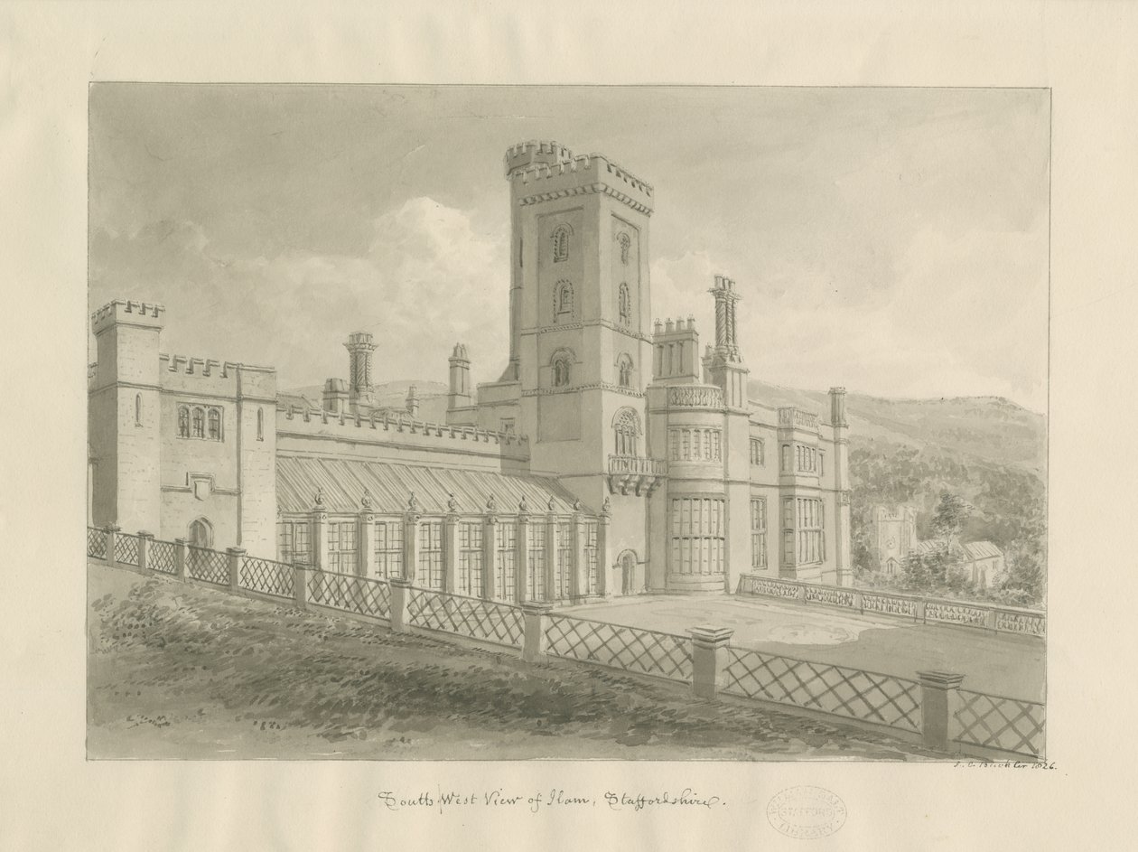 Ilam Hall: sepia tegning af John Chessell Buckler