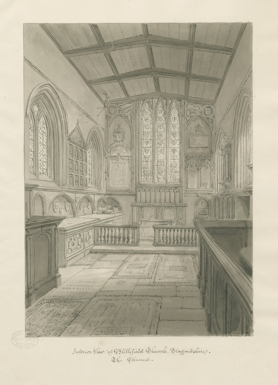 Interiør af Blithfield Church: sepia tegning af John Chessell Buckler