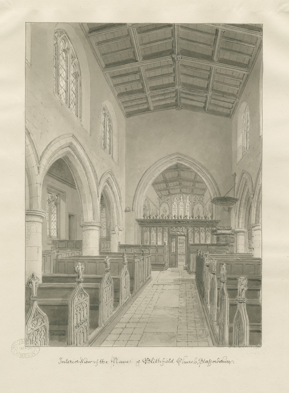 Interiør af Blithfield Church: sepia tegning, 1824 af John Chessell Buckler