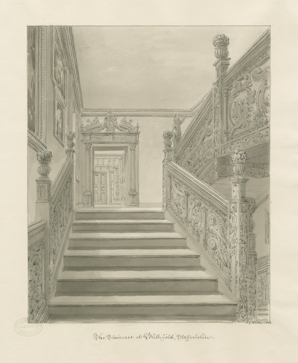 Interiør af Blithfield Hall: sepia tegning af John Chessell Buckler