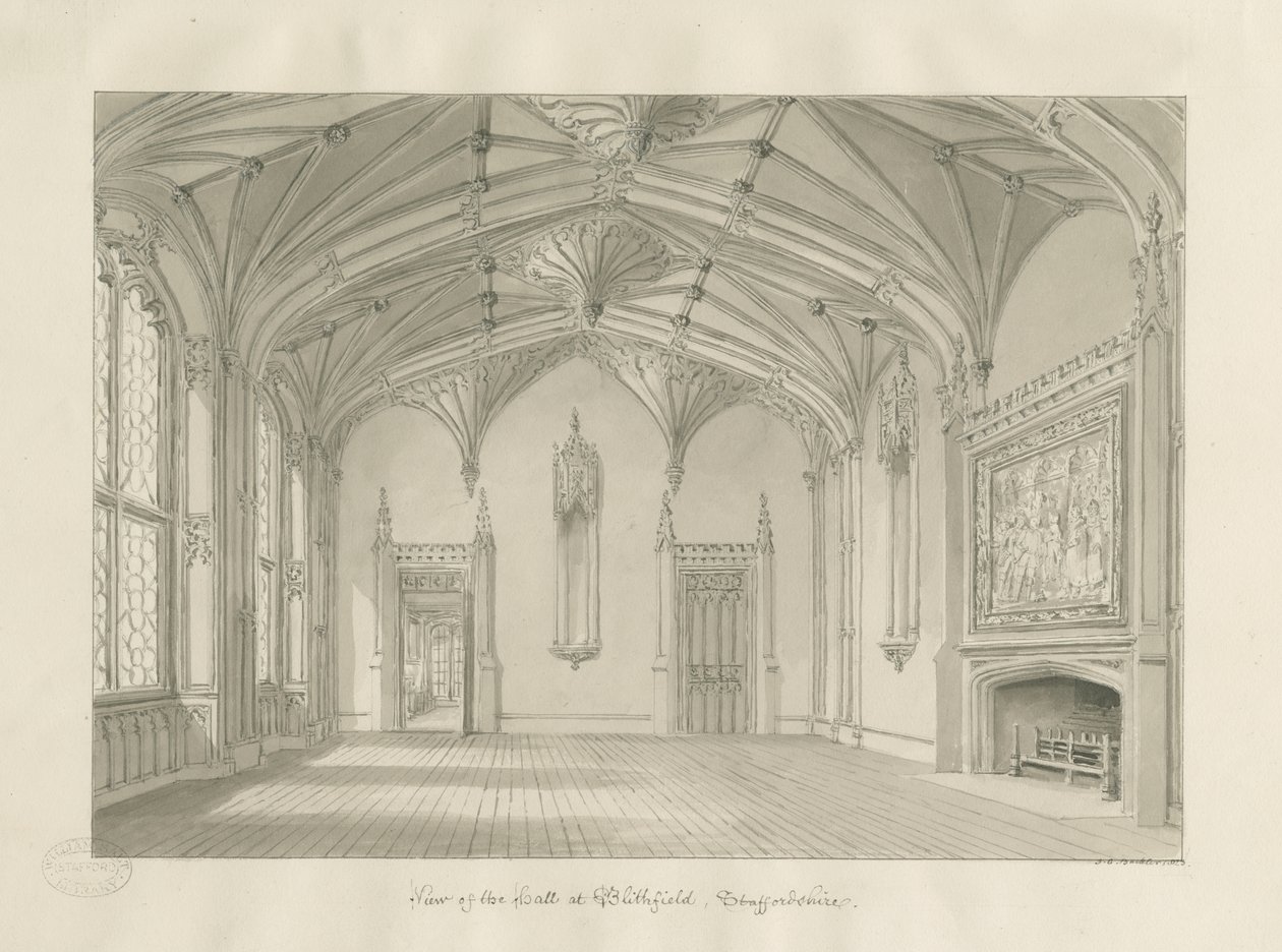 Interiør af Blithfield Hall: sepia tegning, 1823 af John Chessell Buckler