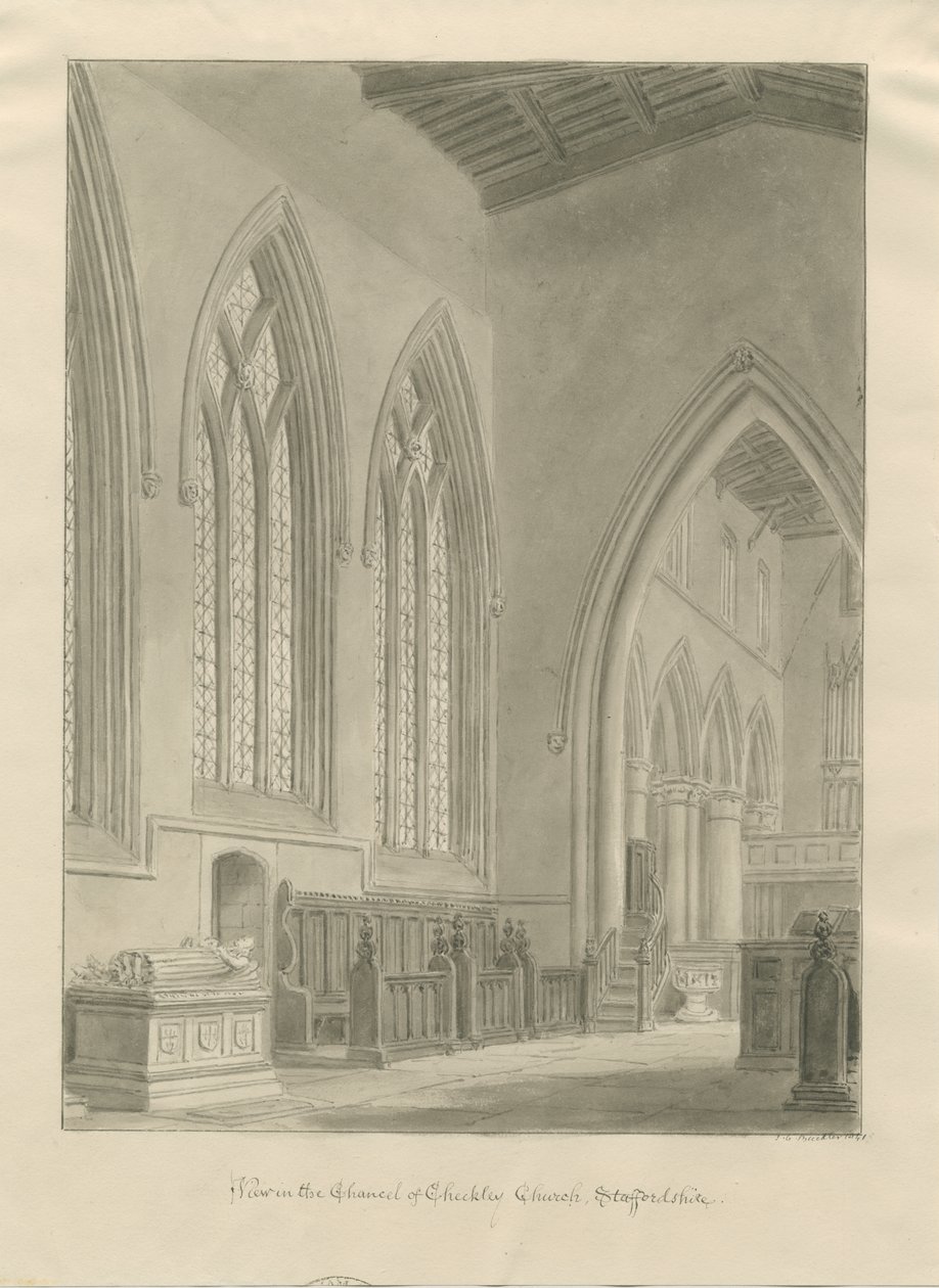 Interiør af Checkley Church: sepia-tegning, 1841 af John Chessell Buckler