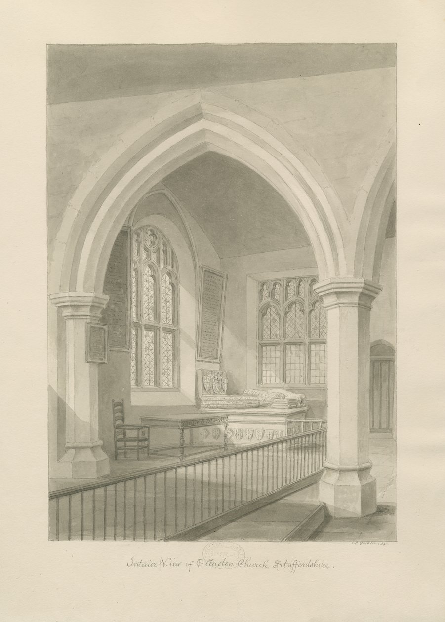 Interiør af Ellastone Church: sepia tegning, 1841 af John Chessell Buckler