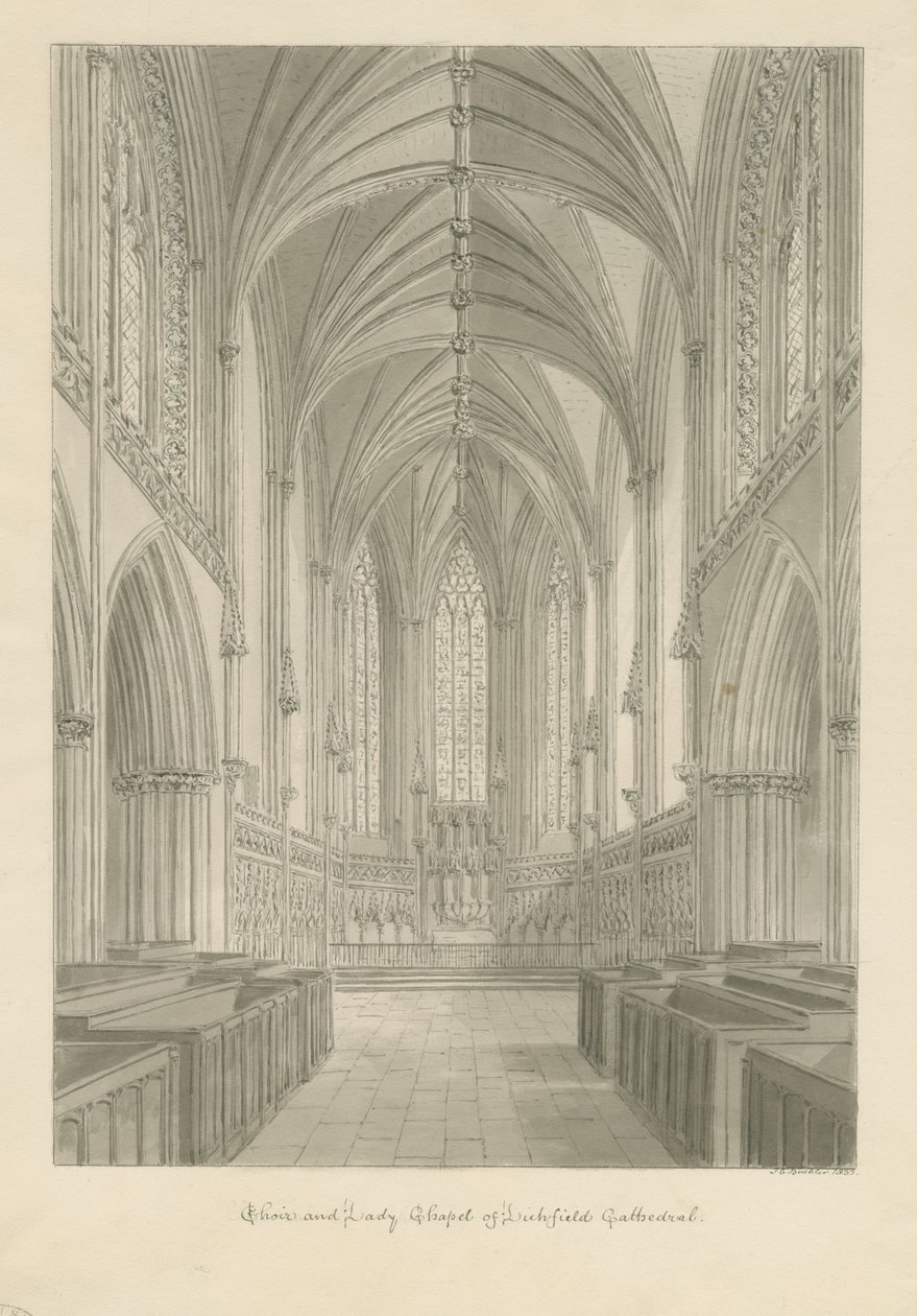 Interiør af Lichfield Cathedral - Choir and Lady Chapel: sepia tegning af John Chessell Buckler