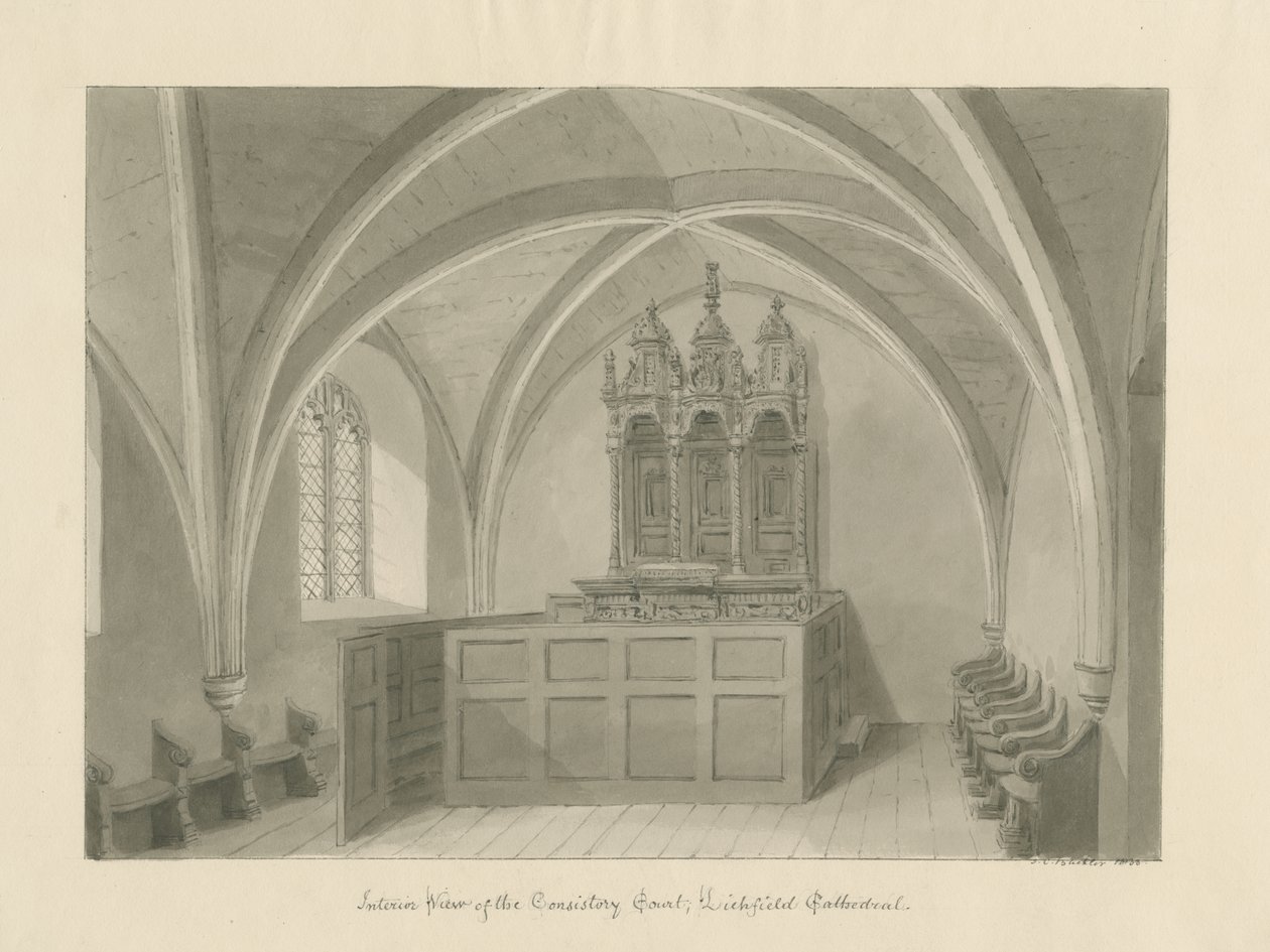 Interiør af Lichfield Cathedral - Consistory Court: sepia tegning af John Chessell Buckler