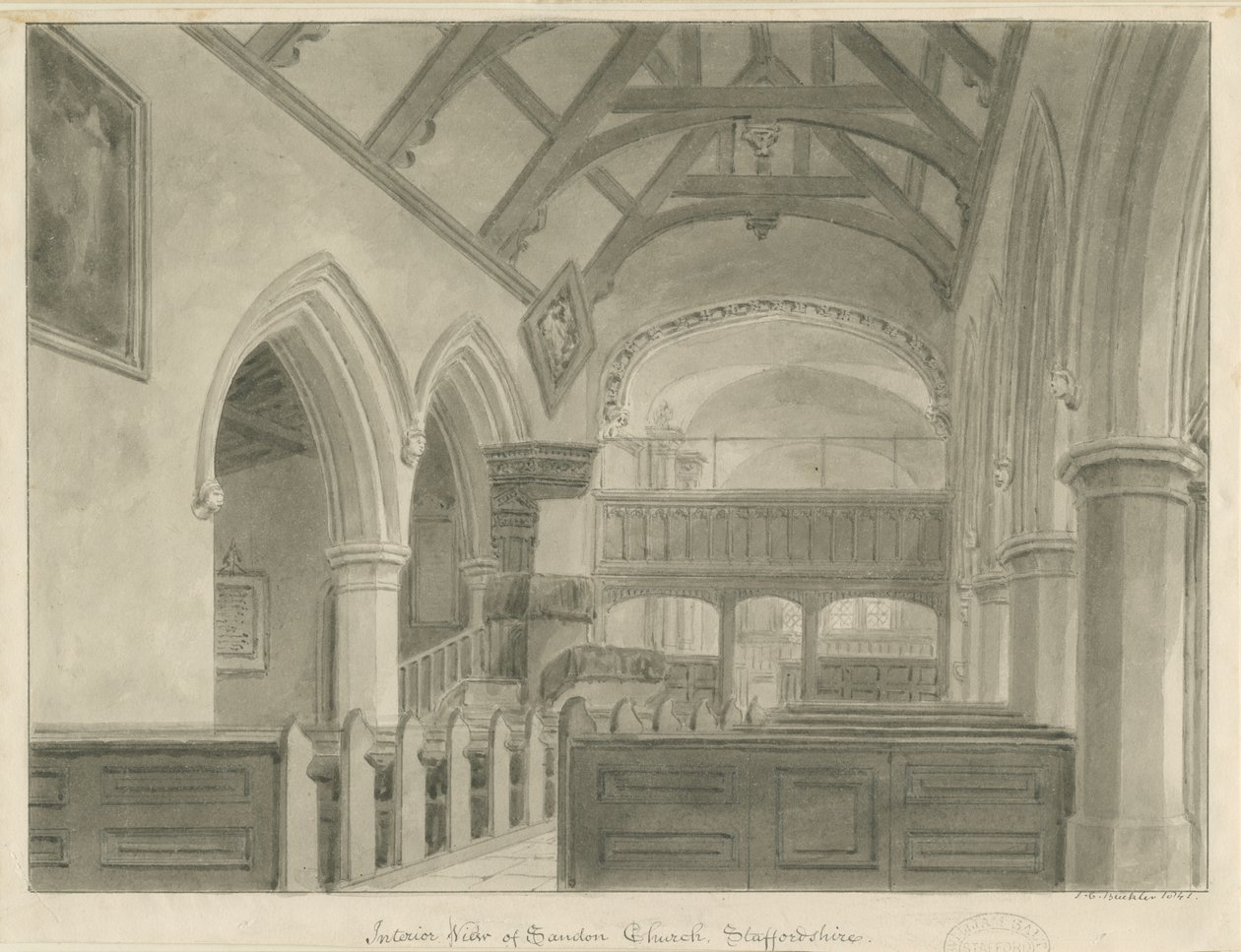 Interior of Sandon Church: sepia drawing, 1841dani af John Chessell Buckler