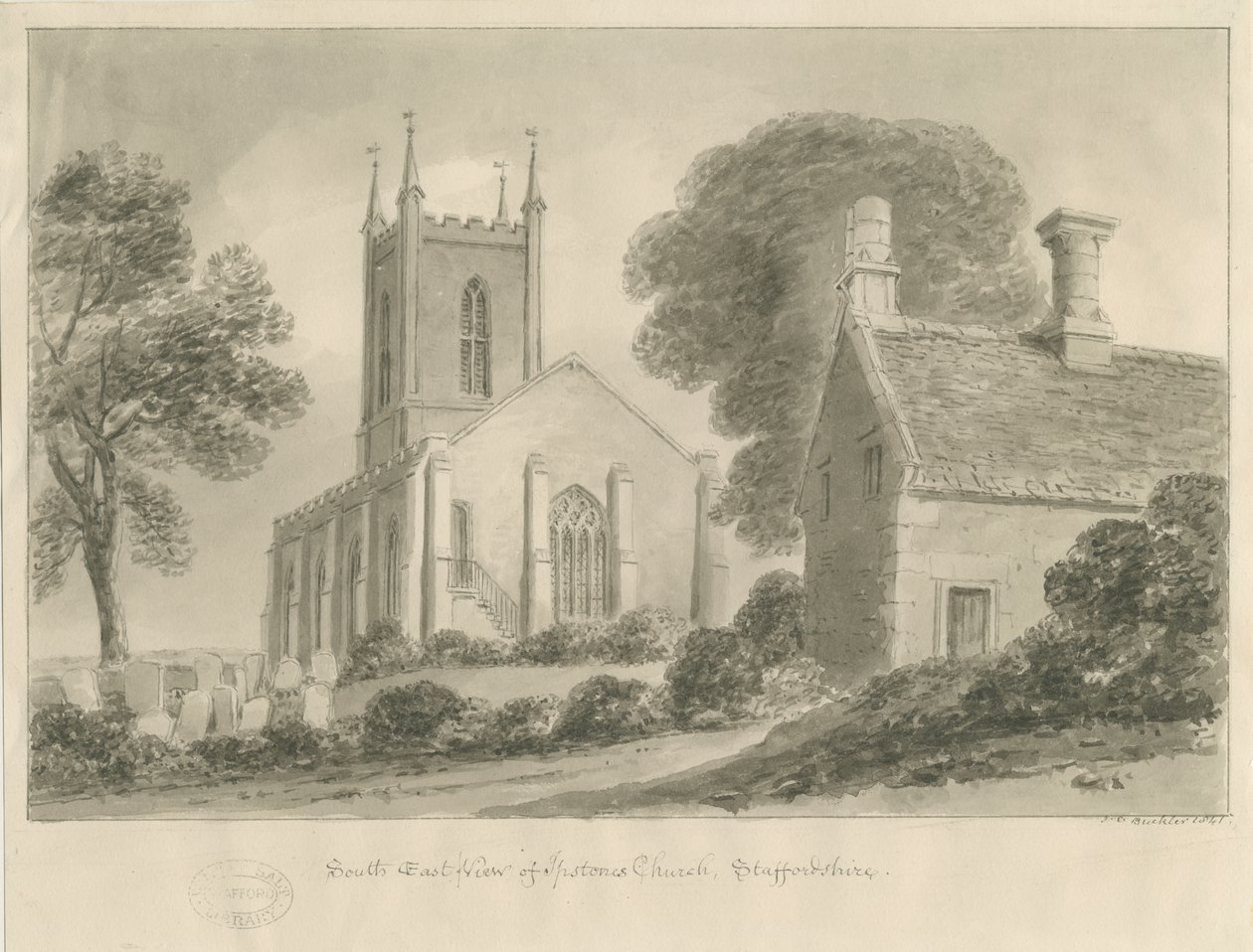 Ipstones Kirke: sepia tegning af John Chessell Buckler