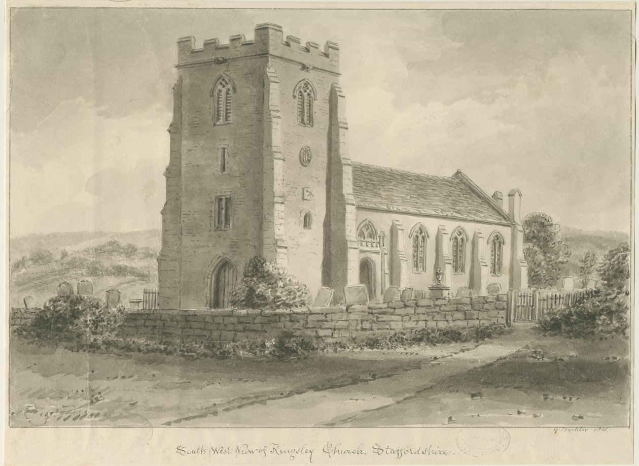 Kingsley Church: sepia tegning, 1841 af John Chessell Buckler