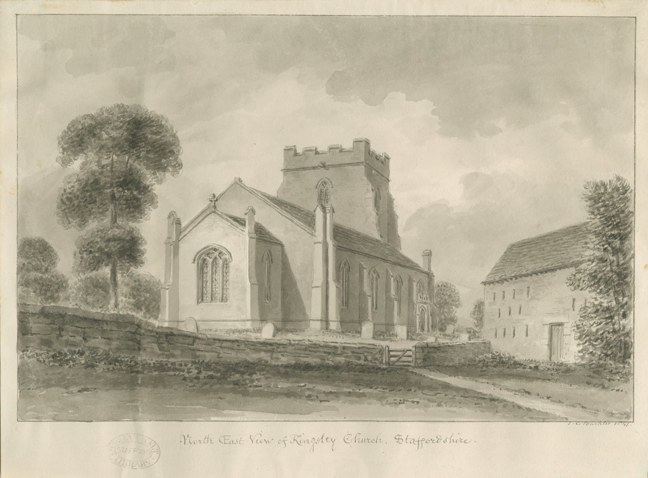 Kingsley Church: sepia tegning, 1841 af John Chessell Buckler