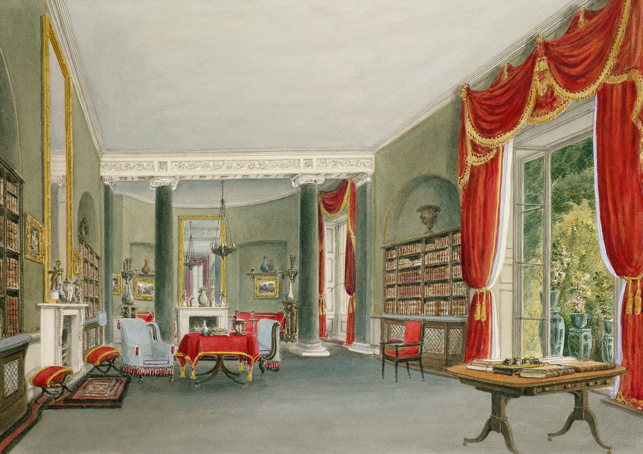Bibliotek og tegnestue i Bromley Hill, Kent (højresædet, ærede Charles Long) af John Chessell Buckler