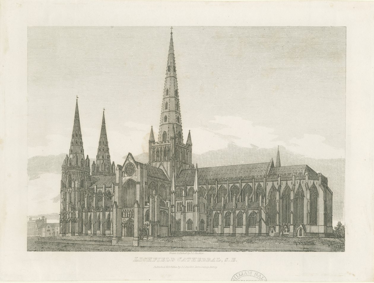 Lichfield Cathedral - South East View: gravering og [c 1820] (print) af John Chessell Buckler