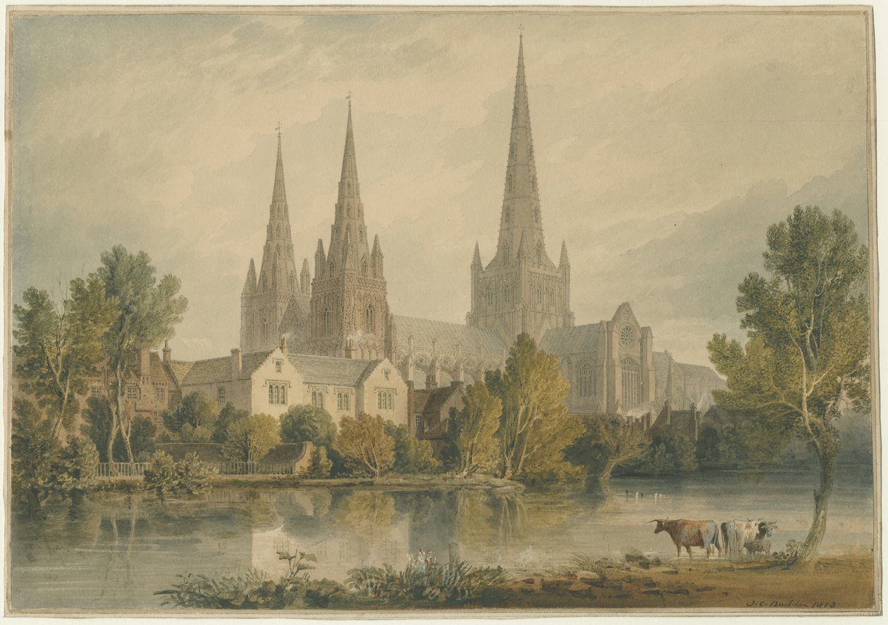 Lichfield Cathedral - South West View: water color painting, 1813dani af John Chessell Buckler