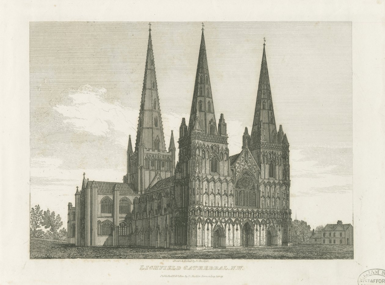 Lichfield Cathedral - West Front: gravering, nd [c 1820] (tryk) af John Chessell Buckler