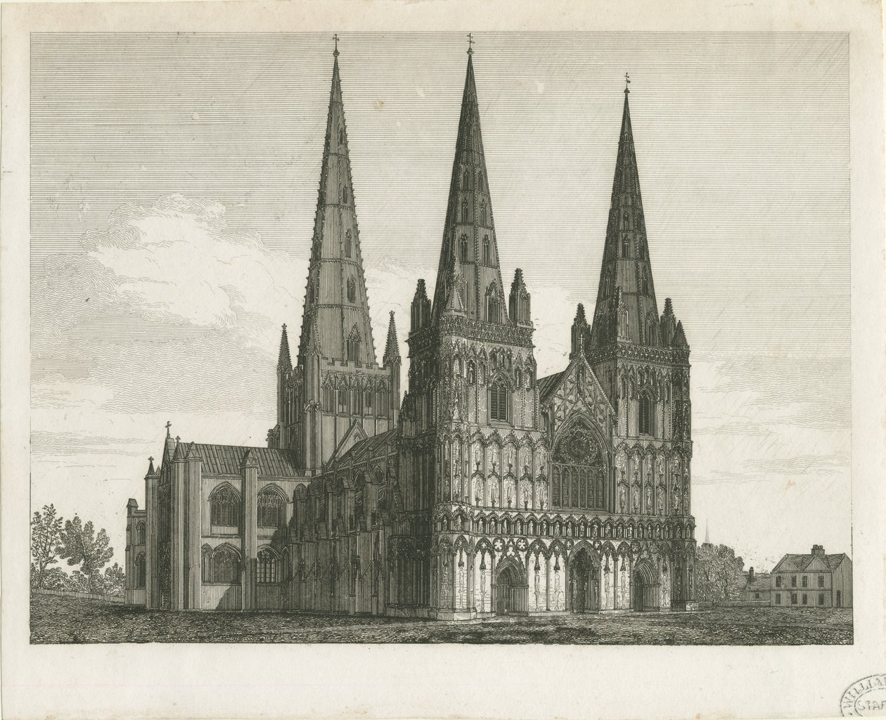 Lichfield Cathedral - West Front: gravering og [begyndelsen af det 19. århundrede] (tryk) af John Chessell Buckler
