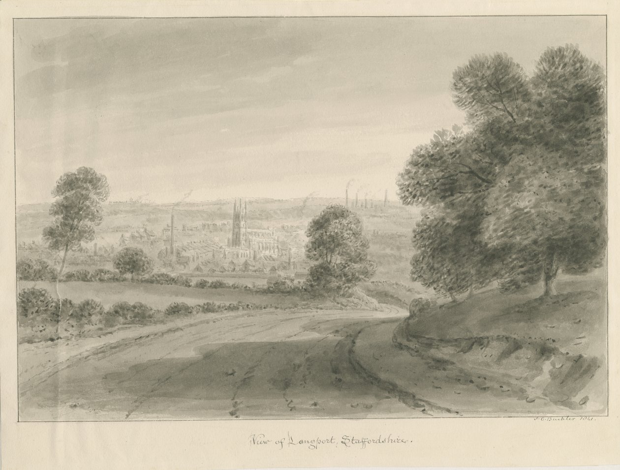 Longport Village: sepia tegning af John Chessell Buckler